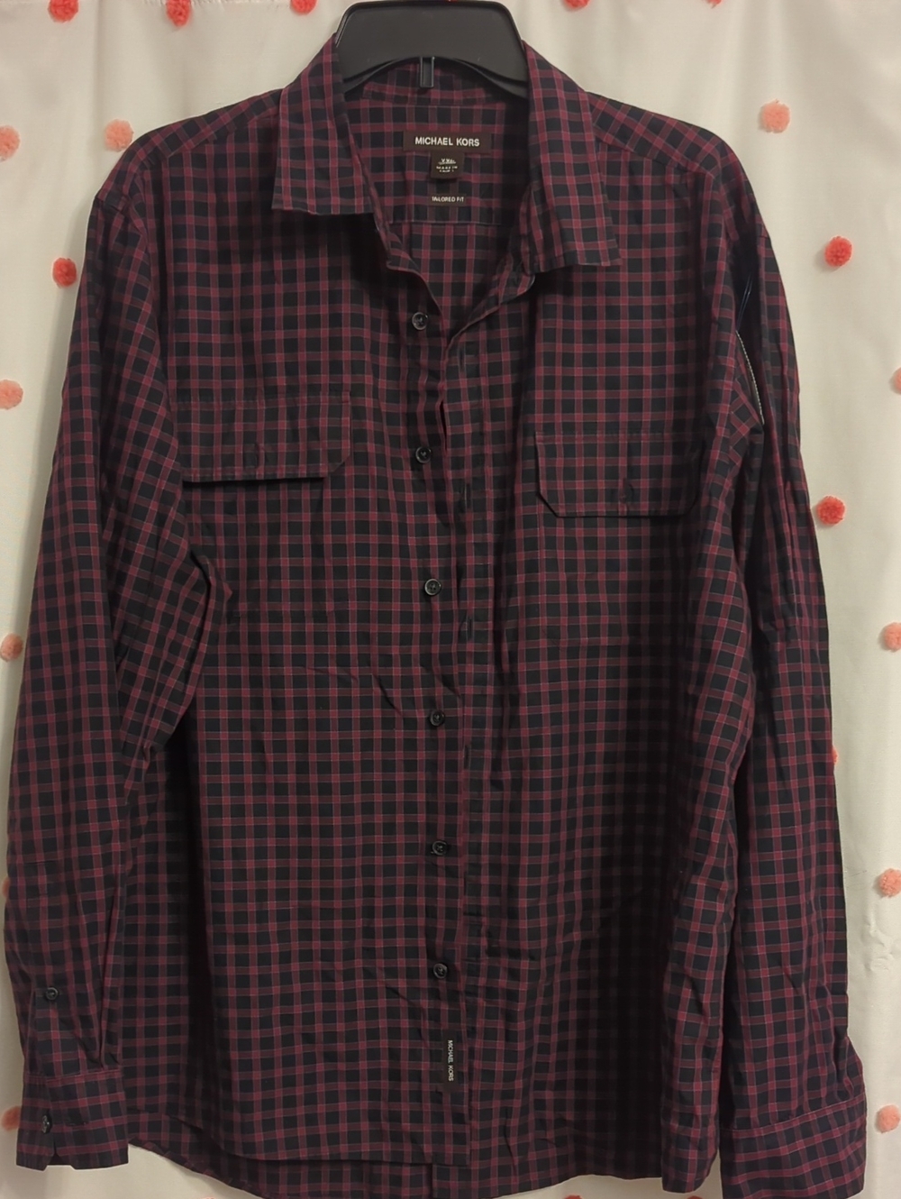 Michael Kors Men's Burgundy and Black Plaid Button-Down Shirt